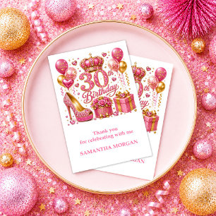 Cartão De Agradecimento Chic Rosa Dourado Aniversário de 30 anos Glitter C