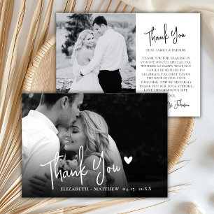 Cartão De Agradecimento Chic Script Preto e Branco 2 Fotos Casamento 