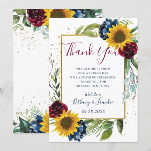 Cartão De Agradecimento Chic Sunflower Burgundy Marinho Blue Floral