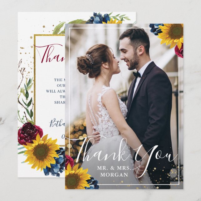 Cartão De Agradecimento Chic Sunflower Burgundy Marinho Blue Floral Foto (Frente/Verso)