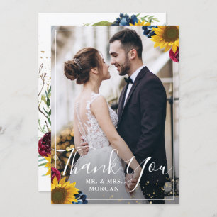 Cartão De Agradecimento Chic Sunflower Burgundy Marinho Blue Floral Foto