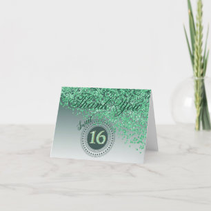 Cartão De Agradecimento Chic Sweet 16 Green Glitter Obrigado