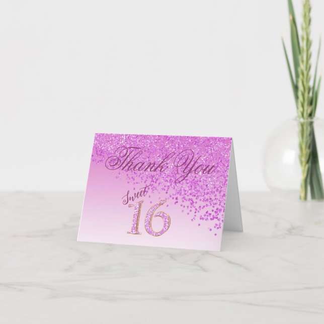 Cartão De Agradecimento Chic Sweet 16 Pink Glitter Obrigado (Frente)