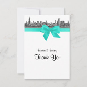 Cartão De Agradecimento Chicago Skyline Etch BW Aqua Obrigado
