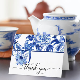 Cartão De Agradecimento Chinoiserie Bird Floral Blue Chá de panela Branco