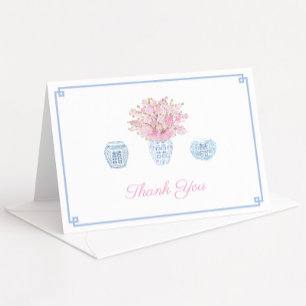 Cartão De Agradecimento Chinoiserie Chic Céu Azul e Rosa Chá de Bebê de Me