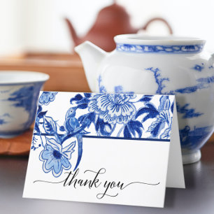 Cartão De Agradecimento Chinoiserie Pássaro Floral Azul Branco Chá de Noiv