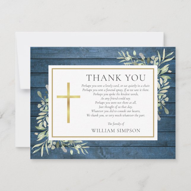 Cartão De Agradecimento Christian Funeral Blue Rustic Wood Greeneric Poem (Frente)