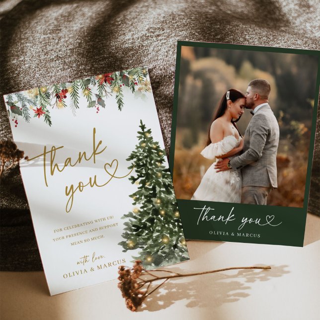 Cartão De Agradecimento Christmas Tree Lights Winter Pine Wedding (Christmas wedding thank you card with watercolor tree, holiday greenery, and gold script design)