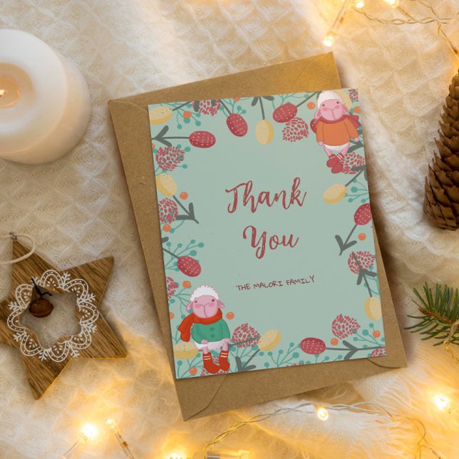 Cartão De Agradecimento Christmas Winter Lamb Floral Border Illustration (Criador carregado)