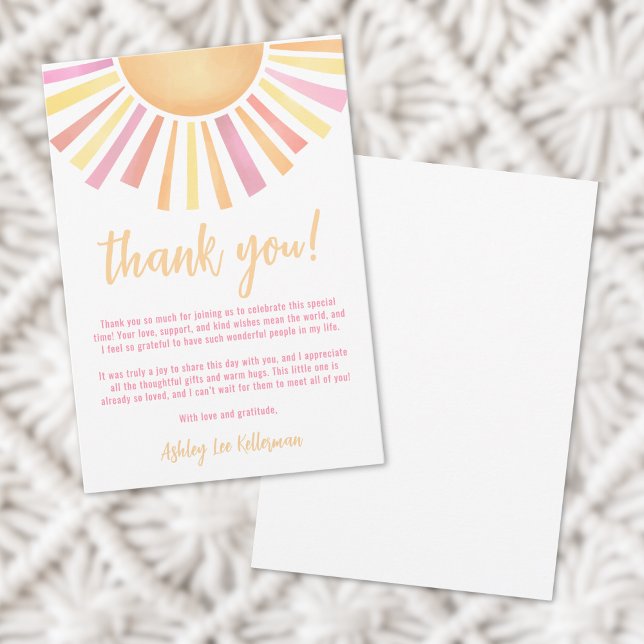 Cartão De Agradecimento Chuva de Amor Rosa Sol Chá de Bebê (Sunshine Pink Sun Baby Shower Thank You Card )