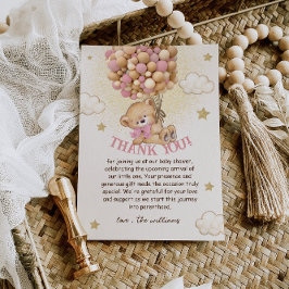 Cartão De Agradecimento Chuva de Balões Urso Bege Rosa Baby Shower