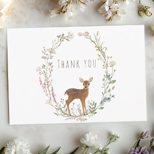 Cartão De Agradecimento Chuva de Bebê Aquarela com Cervo Filhote da Flores