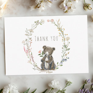 Cartão De Agradecimento Chuva de Bebê Aquarela Urso Floresta Rústica