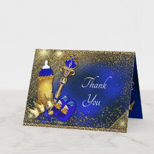 Cartão De Agradecimento Chuva de Bebê Azul Royal Dourado Príncipe 