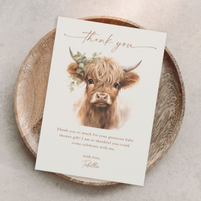 Cartão De Agradecimento Chuva de Bebê Boho Casal Vaca Highland Neutro (Boho highland cow baby shower thank you card.)