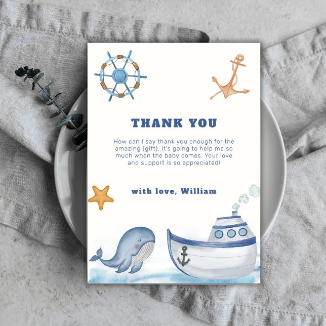 Cartão De Agradecimento Chuva de Bebê Boho Rústico Ahoy Menino Baleia Barc (Rustic Boho Ahoy Boy Whale Sailboat Baby Shower Thank You Card)