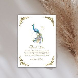 Cartão De Agradecimento Chuva de Bebê Elegante Pavão Vintage Dourado