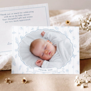 Cartão De Agradecimento Chuva de Bebê Floral Azul Oval Vintage