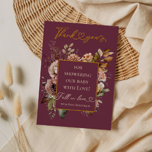 Cartão De Agradecimento Chuva de Bebê Floral Burgundy Elegante de Outono