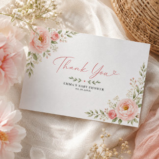 Cartão De Agradecimento Chuva de Bebê Floral Pastel Rosa Suave