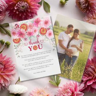 Cartão De Agradecimento Chuva de Bebê Flores em Aquarela Rosa Cítrica