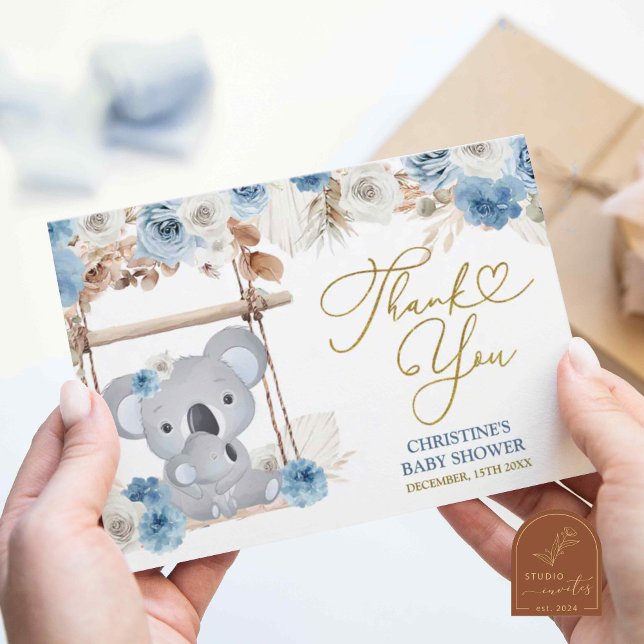 Cartão De Agradecimento Chuva de Bebê Koala Boho Azul Empoeirado (Criador carregado)