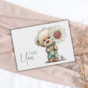 Cartão De Agradecimento Chuva de Bebê Menino Teddy Daisy Listras Cinza Ele