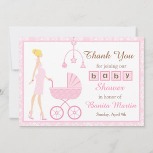 Cartão De Agradecimento Chuva de Bebê Mulher Loira Pink Damask