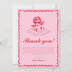 Cartão De Agradecimento Chuva de Bebê Querubim Retro Rosa e Vermelho