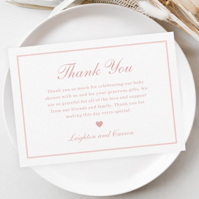 Cartão De Agradecimento Chuva de Bebê Rosa Roteiro Elegante (Elegant Script Pink Baby Shower Thank You Card.)