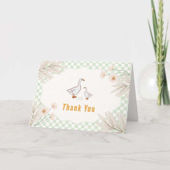 Cartão De Agradecimento Chuva de Bebê Sage Gingham Daisy Boho Silly Goose (Frente)