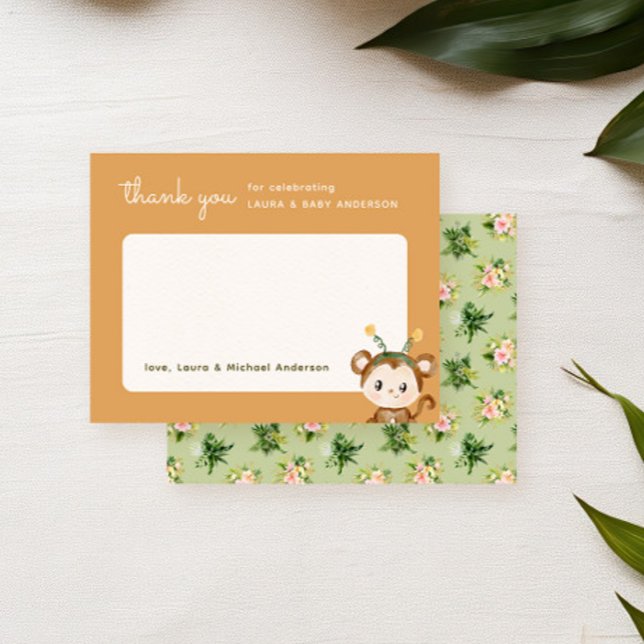 Cartão De Agradecimento Chuva de Bebê Tropical Macaco (Thank you card for a safari baby shower party featuring a cute monkey and tropical botanicals)