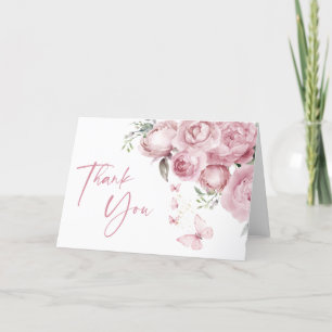 Cartão De Agradecimento Chuva de Borboletas Rosa Floral Chá de Noiva