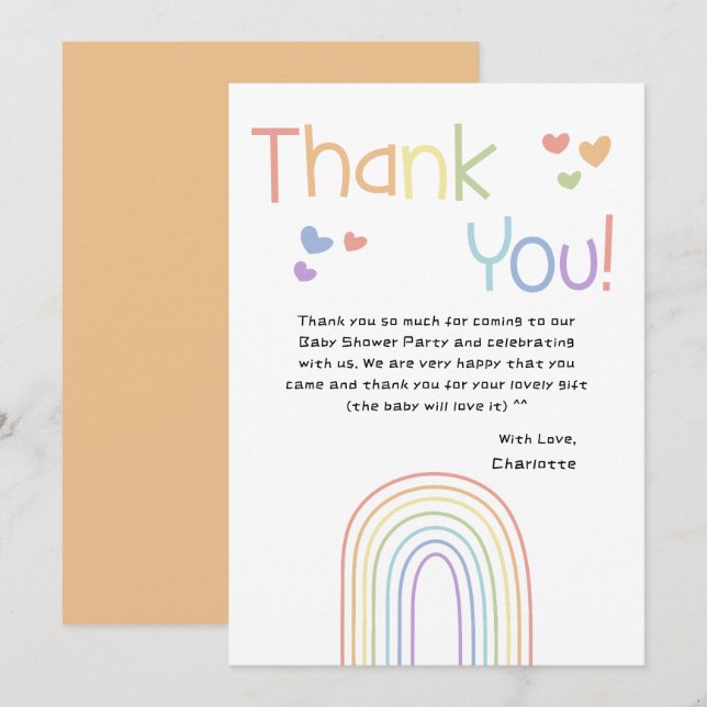 Cartão De Agradecimento Chuva de Cores com Corações Baby Shower (Frente/Verso)