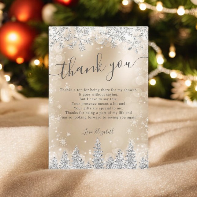 Cartão De Agradecimento Chuva de neve de folha de ouro prateado no inverno (Silver gold foil snow pine winter bridal shower thank you card)