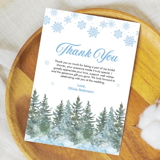 Cartão De Agradecimento Chuva de Neve de Pinheiro de Inverno no Chuveiro d (Winter Pine Snow in Love Snowflakes Bridal Shower Thank You Card )
