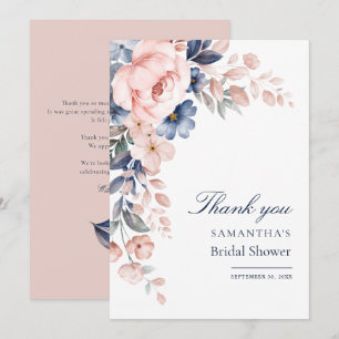 Cartão De Agradecimento Chuva de Noiva com Floral Rosa em Aquarela