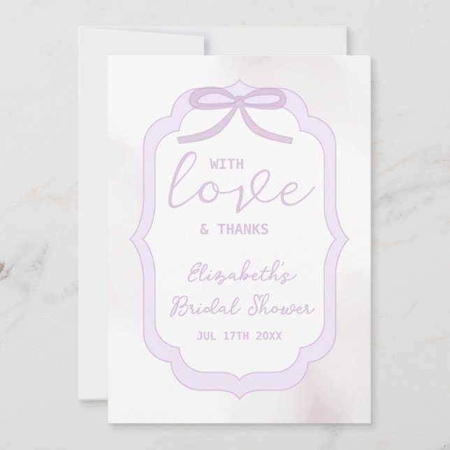 Cartão De Agradecimento Chuva de Noiva com Laço Roxo em Aquarela (Frente)