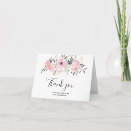 Cartão De Agradecimento Chuva de Noiva com Letra em Aquarela Floral Rosa