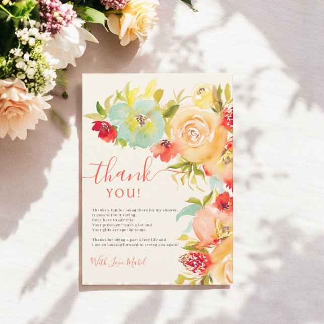 Cartão De Agradecimento Chuva de noiva elegante floral boho em aquarela ou (Boho Fall elegant floral watercolor bridal shower Thank You Card)
