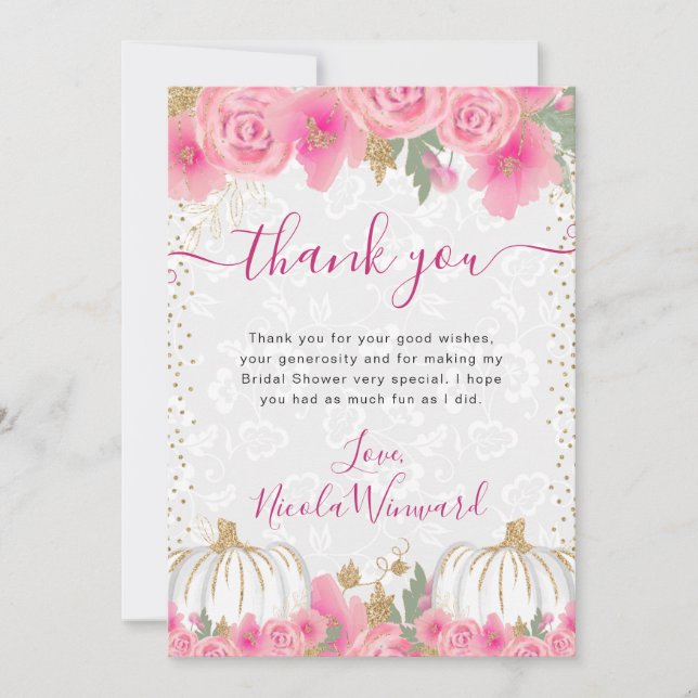 Cartão De Agradecimento Chuva de Noiva em Aquarela com Flores Rosa e Abóbo (Frente)