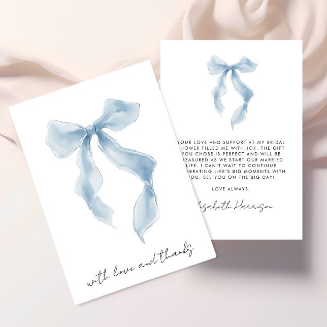 Cartão De Agradecimento Chuva de Noiva em Aquarela com Laço Azul Elegante (Elegant Blue Bow Watercolor Bridal Shower Thank You Card)