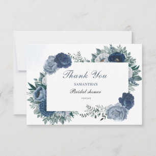 Cartão De Agradecimento Chuva de Noiva Floral Azul Poento e Azul-Marinho