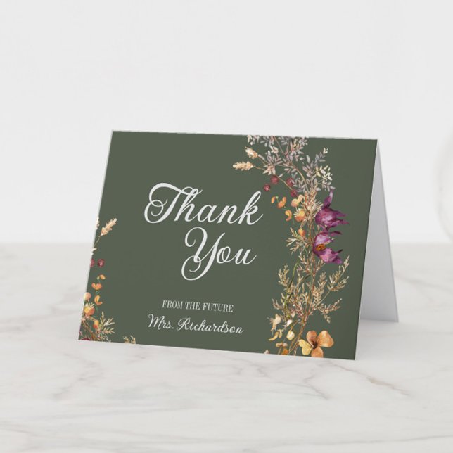Cartão De Agradecimento Chuva de Noiva Floral Boho Outono Dobrada (Fall Bridal Shower Thank You Cards from the Future Mrs., Green Wildflower Floral, Autumn Flowers)