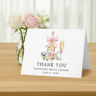 Cartão De Agradecimento Chuva de Noiva Floral com Laço Rosa em Aquarela