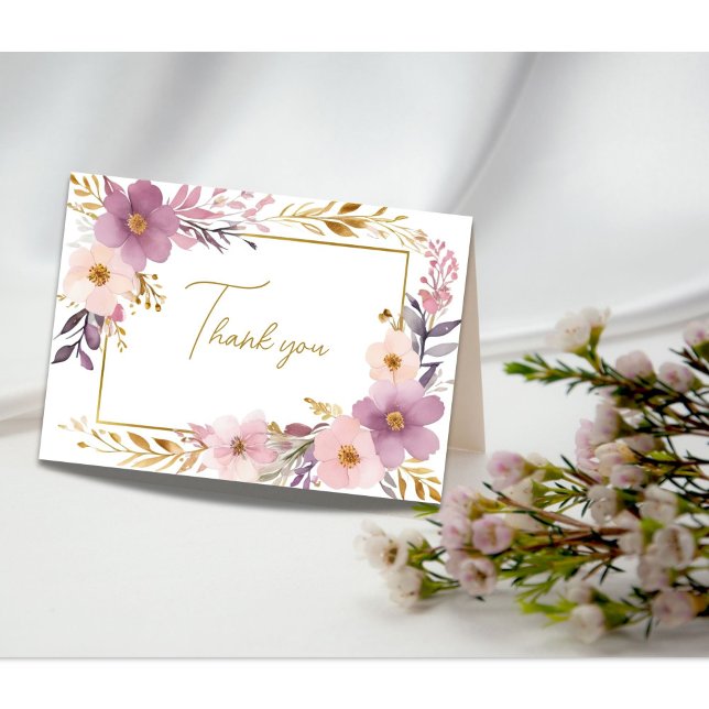 Cartão De Agradecimento Chuva de Noiva Floral em Rosa Roxo Dourado Aquarel (Pink purple gold watercolor floral bridal shower wedding thank you card)