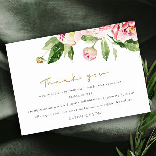 Cartão De Agradecimento Chuva de Noiva Floral Peônia Aquarela Rosa Suave