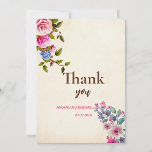 Cartão De Agradecimento Chuva de noiva floral rosa dourado rose eucalipto 