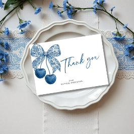 Cartão De Agradecimento Chuva de Noivas com Laço Azul Tema Azul Casamento